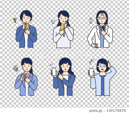 不安顔でスマホを持つ・操作する女性ビジネスパーソンのシンプルイメージ イラスト素材 130179878