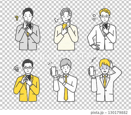 不安顔でスマホを持つ・操作する男性ビジネスパーソンのシンプルイメージ イラスト素材 130179882