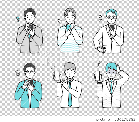 A simple image of a male business person holding and operating a smartphone with an anxious face. Illustration material A simple image of a male business person holding and operating a smartphone with an anxious face. Illustration material 130179883