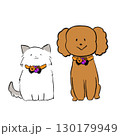 ハロウィンのシュシュを付けて正面を向いて座る犬と猫のイラスト 130179949