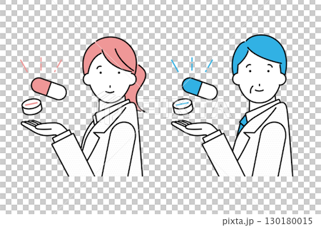 Illustration of a young female pharmacist and a middle-aged male pharmacist holding up medicine 130180015