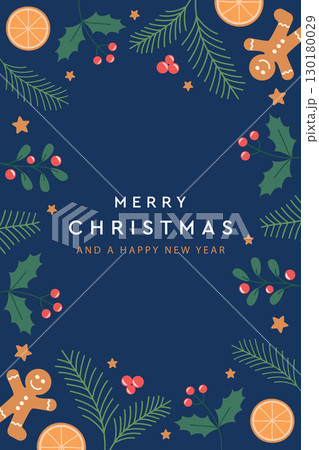 merry christmas card with gingerbread orange and fir twig decoration vector illustration 130180029