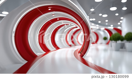 Sleek Futuristic Red and White Arched Corridor 130180099