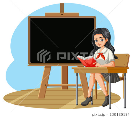 Schoolgirl Reading Book at Desk in Classroom 130180154