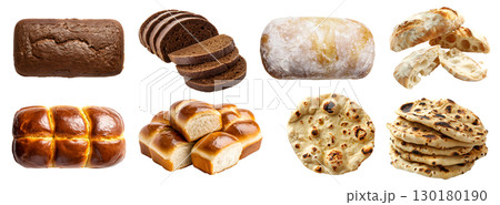 Collection of 4 bread bun pastry set. Pumpernickel sourdough, Ciabatta Italian, Indian Naan flatbread, French Brioche on transparent background cutout, PNG file. Mockup template for artwork design 130180190