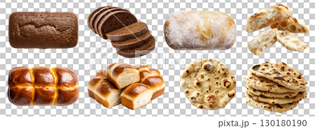 Collection of 4 bread bun pastry set. Pumpernickel sourdough, Ciabatta Italian, Indian Naan flatbread, French Brioche on transparent background cutout, PNG file. Mockup template for artwork design 130180190