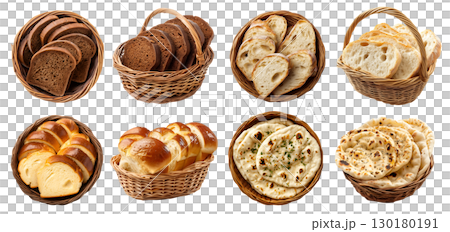 Collection of 4 set of basket of bread bun pastry. Pumpernickel sourdough, Ciabatta Italian, Indian Naan flatbread, French Brioche on transparent cutout, PNG file. Mockup template for artwork 130180191