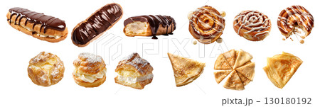Collection of 4 cake bread pastry dessert set. Chocolate Eclairs, Cinnamon Roll, Crepe, Cream Puff on transparent background cutout PNG file. Mockup template for artwork design 130180192