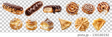 Collection of 4 cake bread pastry dessert set. Chocolate Eclairs, Cinnamon Roll, Crepe, Cream Puff on transparent background cutout PNG file. Mockup template for artwork design 130180192