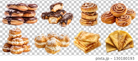 Collection of 4 set group pile of cake bread pastry dessert., Chocolate Eclairs, Cinnamon Roll, Crepe, Cream Puff on transparent background cutout PNG file. Mockup template for artwork design 130180193