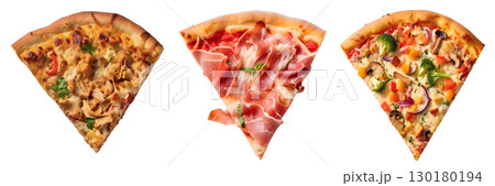 Pizza Slice, Prosciutto, supreme, veggie, on transparent background cutout, PNG file. Many assorted different flavour. Mockup template for artwork design 130180194