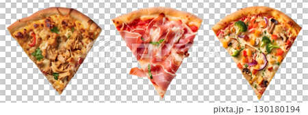 Pizza Slice, Prosciutto, supreme, veggie, on transparent background cutout, PNG file. Many assorted different flavour. Mockup template for artwork design 130180194