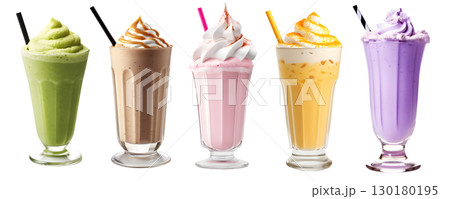 Milkshake Smoothie in cup on transparent background cutout, PNG file. Many assorted different flavour. matcha, strawberry, chocolate, caramel, mango, banana, grape. Mockup template for artwork design. 130180195