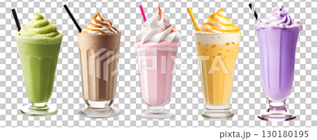 Milkshake Smoothie in cup on transparent background cutout, PNG file. Many assorted different flavour. matcha, strawberry, chocolate, caramel, mango, banana, grape. Mockup template for artwork design. 130180195