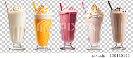 Milkshake Smoothie in cup on transparent background cutout, PNG file. Many assorted different flavour. strawberry, raspberry, orange, vanilla, chocolate, coconut. Mockup template for artwork design 130180196