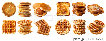 Collection of 4 bread batter breakfast pile set. Pancake, French toast, Square round Waffle waffles wafel on transparent background cutout, PNG file. Mockup template for artwork 130180274