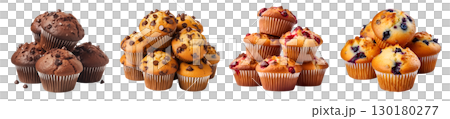 Collection of 4 muffin muffins in pile stack group set. Double chocolate chip, blueberry, cranberry on transparent background cutout, PNG file. Mockup template for artwork design 130180277