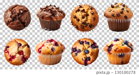 Collection of 4 muffin muffins top and front view set. Double chocolate chip, blueberry, cranberry on transparent background cutout, PNG file. Mockup template for artwork design 130180278