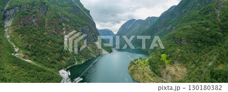 Aerial view of the Naeroyfjord. Gudvangen, Norway 130180382