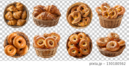 Collection 4 set of basket of bread bun pile. Croissant, Pretzel, Everything bagel, Plain bagel on transparent background cutout, PNG file. Mockup template for artwork design 130180562