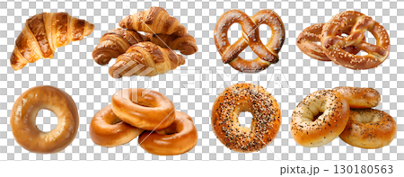Collection of 4 bread bun pile set. Croissant, Pretzel, Everything bagel, Plain bagel on transparent background cutout, PNG file. Mockup template for artwork design 130180563