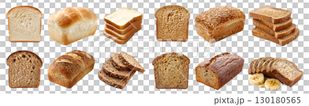 Collection of 4 bread bun loaf slice set. White, wholewheat, Multigrain, Banana on transparent background cutout, PNG file. Mockup template for artwork 130180565