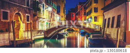 Venice street at night, bridge over canal, Venice, Italy. Horizontal banner Venice street at night, bridge over canal, Venice, Italy. Horizontal banner 130180618