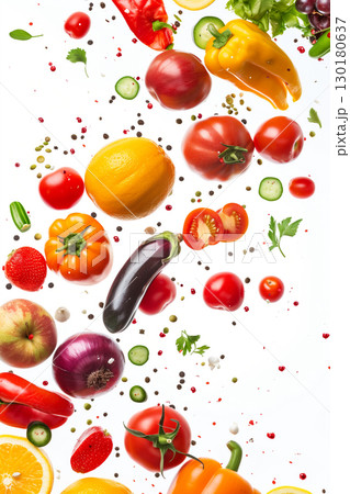 Colorful assortment of fresh fruits and vegetables floating on white background 130180637