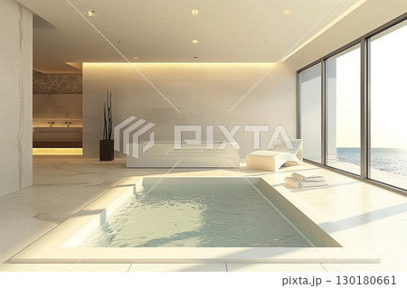 Luxurious minimalist bathroom interior featuring plunge pool and bathtub lounge area 130180661