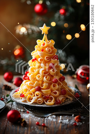 Creative and funny edible christmas tree made from pasta for festive celebrations 130180662