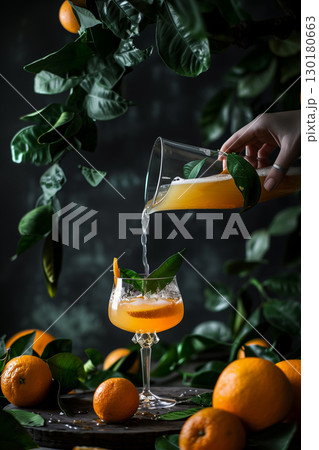 Refreshing orange juice - a glass of freshly squeezed citrus goodness with oranges and green leaves 130180663