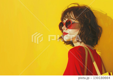 Trendy woman in sunglasses carrying shopping bags against a bright yellow background 130180664
