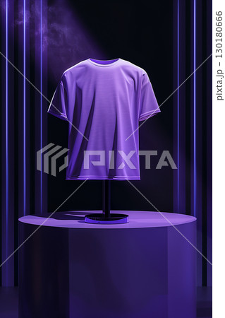 Modern presentation of a simple purple t-shirt displayed on a pedestal 130180666