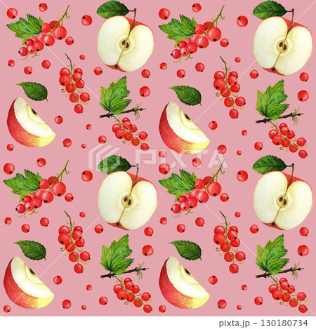 Red ripe apple and currant berries with lush green leaves, watercolor seamless pattern on pink background. Bright berries and apples watercolor seamless pattern for design of textile, juice, jam Red ripe apple and currant berries with lush green leaves, watercolor seamless pattern on pink background. Bright berries and apples watercolor seamless pattern for design of textile, juice, jam 130180734