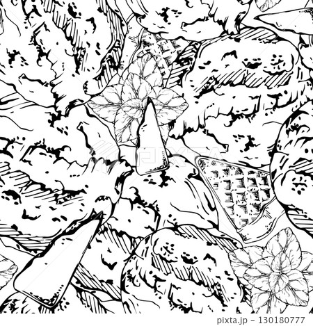 Sorbet gelato ice cream scoops with mint leaves and waffles, crushed chocolate bits garnish. Vector graphic seamless pattern hand drawn in ink. Party decor sheet, snack cafe flyer, street food stand 130180777