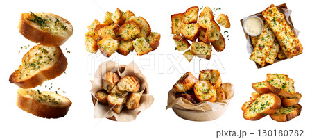 Set of butter Garlic bread, herb toasted baked bun loaf slice on transparent cutout PNG. Many different angles, stack pile, takeaway carton bowl box, broken bitten pieces. Mockup for design 130180782