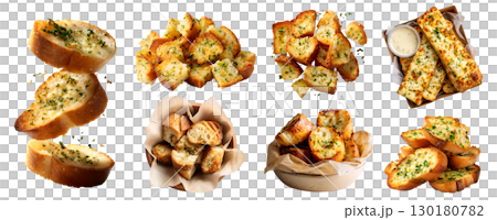 Set of butter Garlic bread, herb toasted baked bun loaf slice on transparent cutout PNG. Many different angles, stack pile, takeaway carton bowl box, broken bitten pieces. Mockup for design 130180782