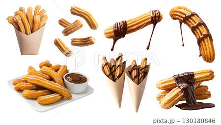 Churro churros fried dough bread choux fritters pastry on transparent cutout, PNG file. Many different angles, stack, pile, chocolate sugar coated, paper cone wrap. Mockup template for artwork design 130180846