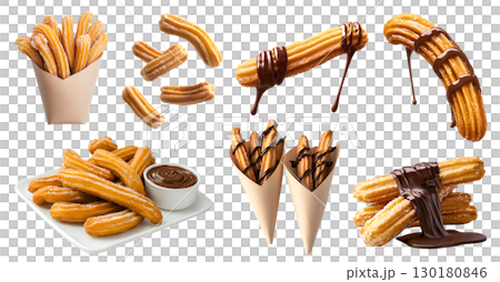 Churro churros fried dough bread choux fritters pastry on transparent cutout, PNG file. Many different angles, stack, pile, chocolate sugar coated, paper cone wrap. Mockup template for artwork design 130180846