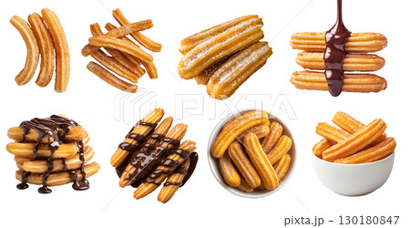 Churro churros fried dough bread choux fritters pastry on transparent cutout, PNG file. Many assorted different angles, stack, pile, chocolate sugar coated, bowl. Mockup template for artwork design 130180847