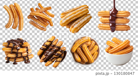 Churro churros fried dough bread choux fritters pastry on transparent cutout, PNG file. Many assorted different angles, stack, pile, chocolate sugar coated, bowl. Mockup template for artwork design 130180847
