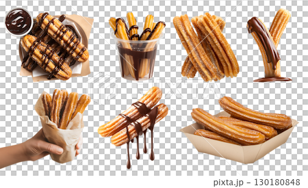 Churro churros fried dough bread choux fritters pastry on transparent cutout, PNG. Many different angles, stack, chocolate sugar coated, paper tray wrap, hand holding. Mockup template for design 130180848