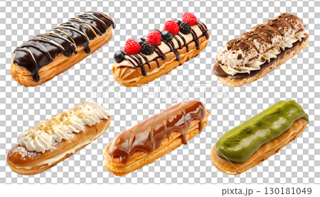 Collection set of Eclairs eclair, Choux cream pastry puff dessert on transparent PNG. Many flavours, tiramisu fruit berries, chocolate, vanilla, matcha, caramel. Mockup template artwork 130181049