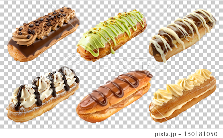 Collection set of Eclairs, Choux cream pastry puff dessert on transparent PNG. Many different flavours, coffee, pistachio, chocolate, buttercream, nuts, caramel. Mockup template for artwork 130181050