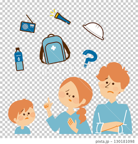 防災:一家人思考防災用品的插圖 防災:一家人思考防災用品的插圖 130181098