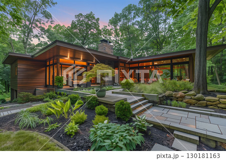 Sleek, modern home surrounded by lush forest with sustainable energy features 130181163