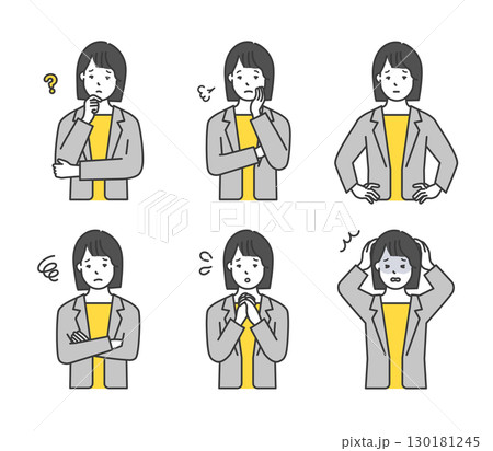 悩む女性ビジネスパーソンのシンプルイメージ ネガティブ感情イラスト素材セット 130181245