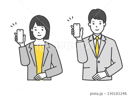 スマホ・スマートフォンを持つ男女ビジネスパーソンのシンプルイメージ イラスト素材 スマホ・スマートフォンを持つ男女ビジネスパーソンのシンプルイメージ イラスト素材 130181246