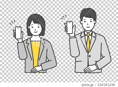 男女商務人士手持智慧型手機的簡單形象插畫素材 男女商務人士手持智慧型手機的簡單形象插畫素材 130181246