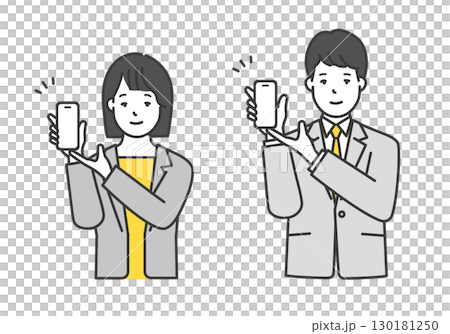 スマホ・スマートフォンを持って手を添える男女ビジネスパーソンのシンプルイメージ イラスト素材 130181250